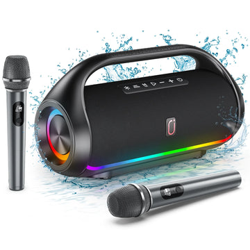 Ultimate Waterproof Karaoke Machine - Portable Bluetooth Speaker with 2 Wireless Microphones, RGB Lights & Multi-Connection for Outdoor Parties!