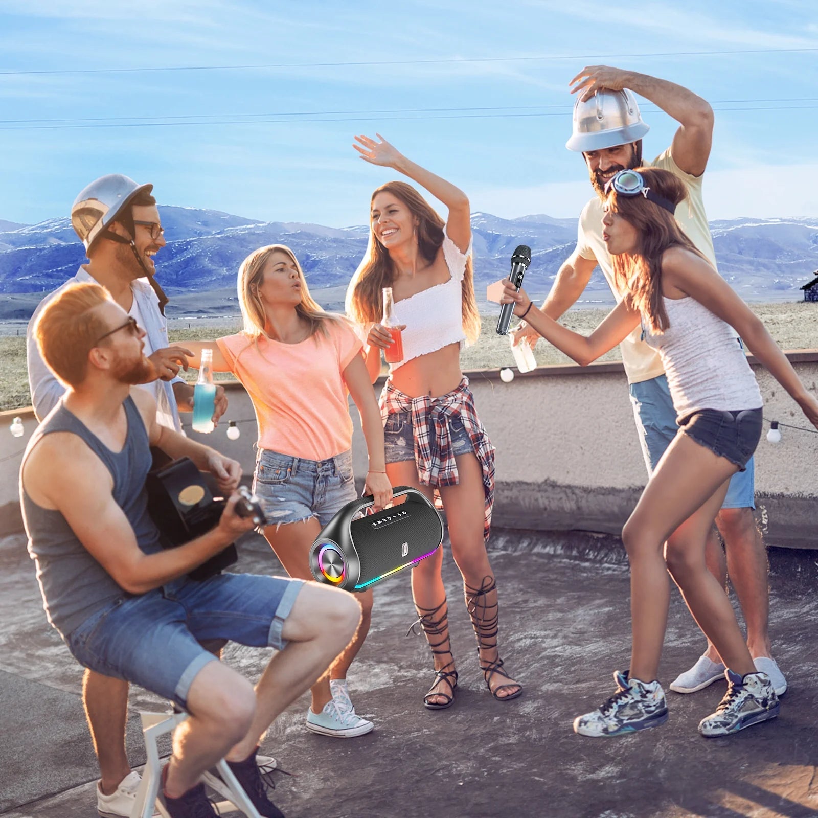 Ultimate Waterproof Karaoke Machine - Portable Bluetooth Speaker with 2 Wireless Microphones, RGB Lights & Multi-Connection for Outdoor Parties!