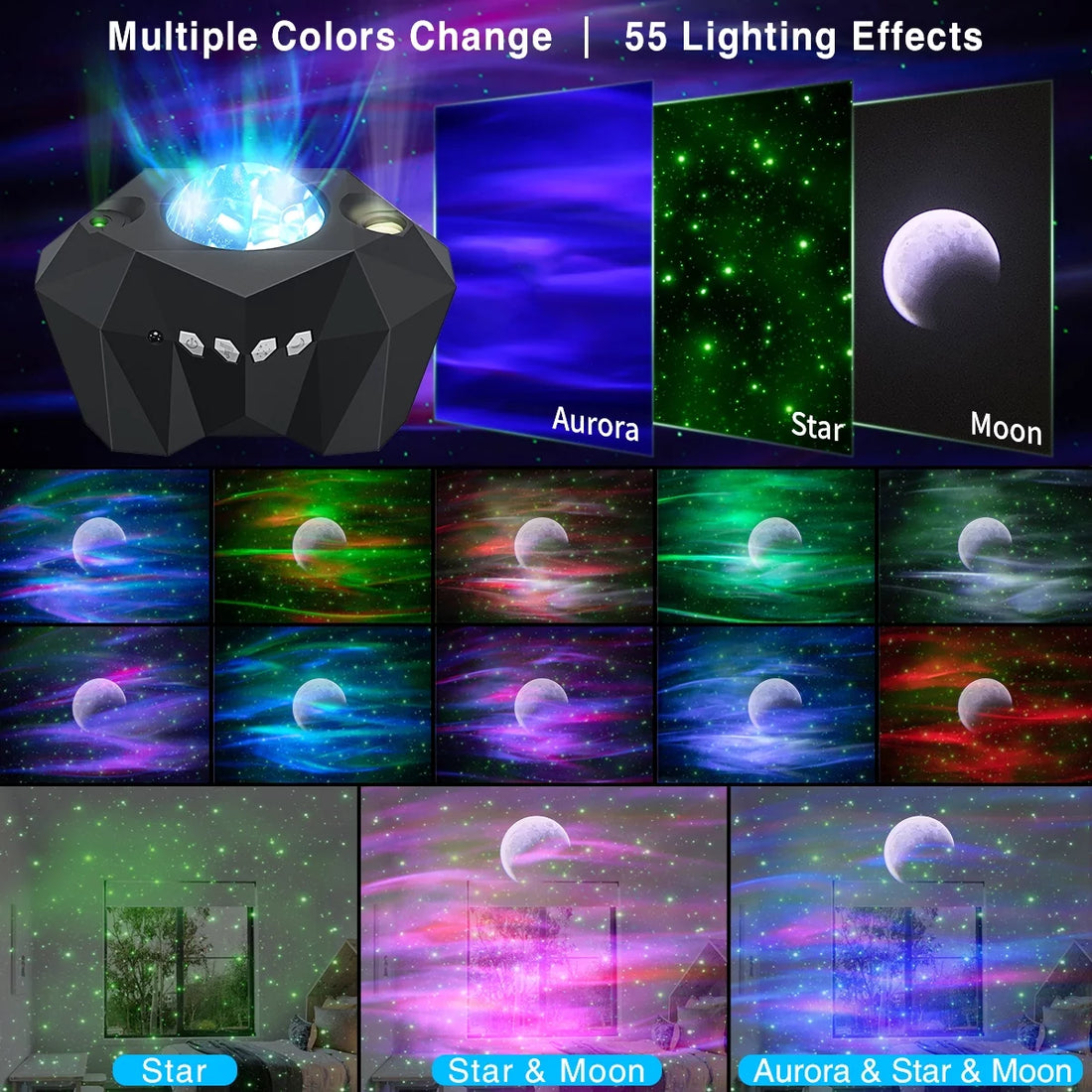 Star Projector, 3 in 1 LED Galaxy Moon Projector 55 Lighting Effects Night Light Aurora Projector Star Light W/ Bluetooth Music Speaker & Remote Control & Timer for Kids Baby Bedroom Party Home Decor