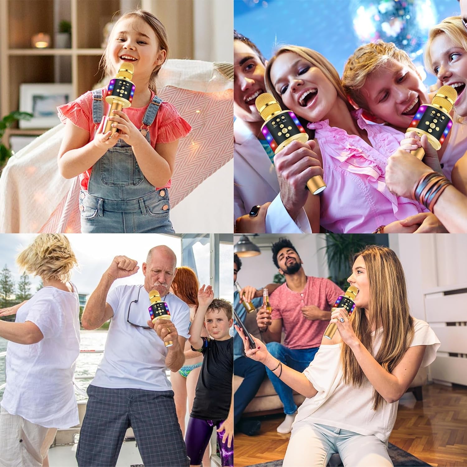 Bluetooth Karaoke Microphone with LED Lights - 4-in-1 Portable Handheld Mic & Speaker for Home Parties - Perfect Birthday Gift for Kids & Adults (Gold)