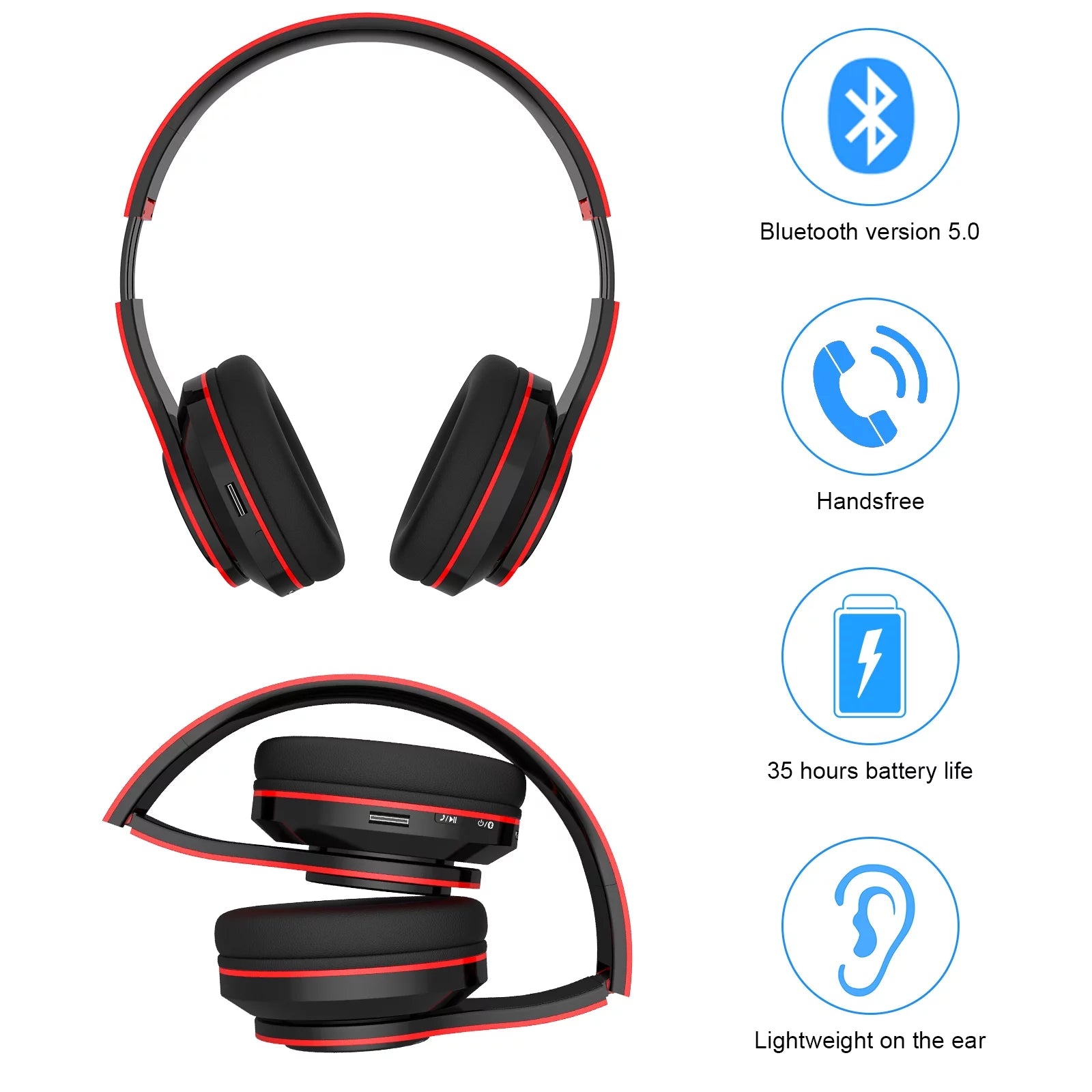 Sleek Red Foldable Over-Ear Bluetooth Headphones with Mic - Wireless Freedom!