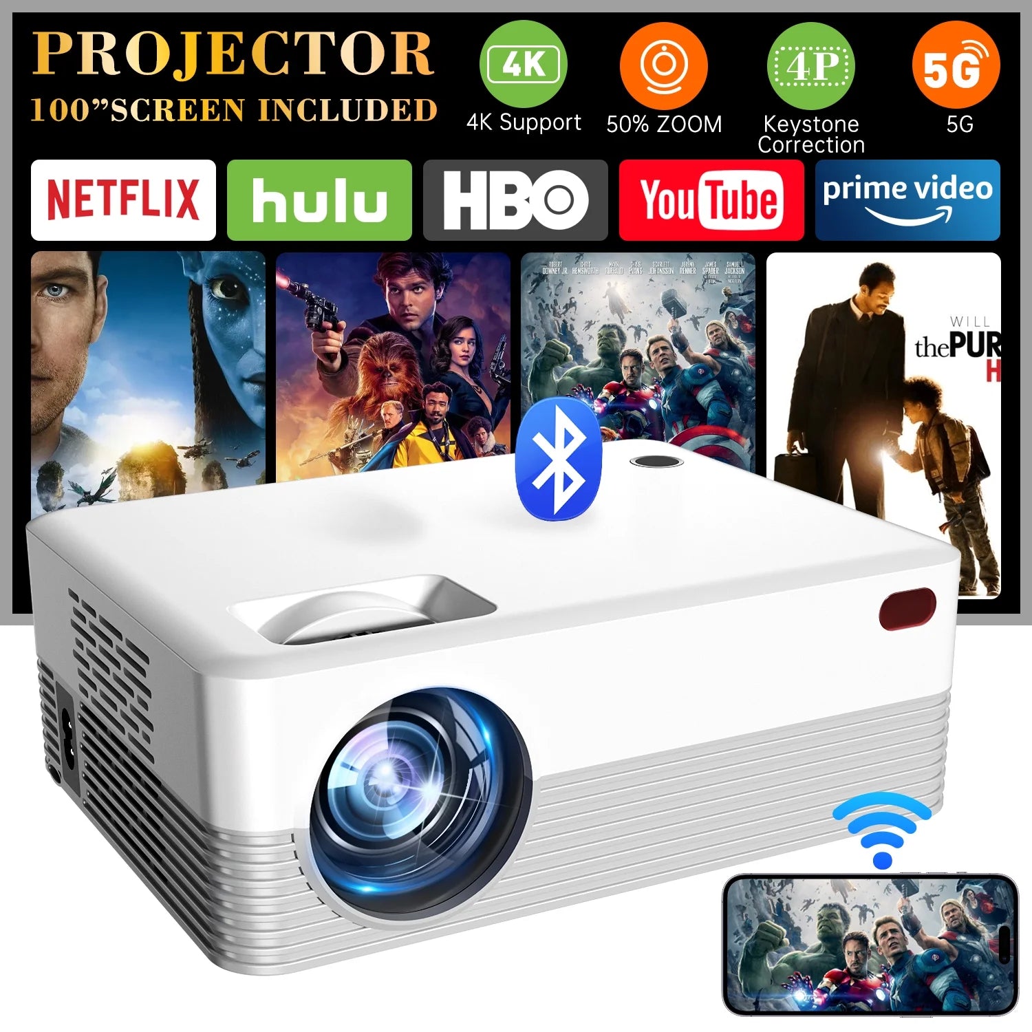 5G Wifi Projector with Bluetooth, 2024 Upgrade Native 1080P Projector for Outdoor & Camping, Wireless Mini Movie Projector Support 4K Resolution, for Home & Camping & Party