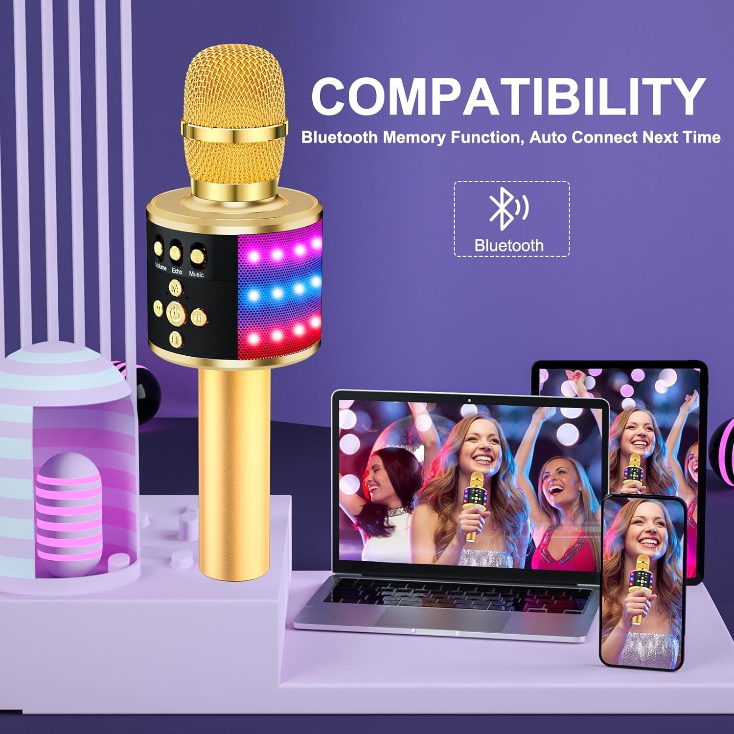 Bluetooth Karaoke Microphone with LED Lights - 4-in-1 Portable Handheld Mic & Speaker for Home Parties - Perfect Birthday Gift for Kids & Adults (Gold)
