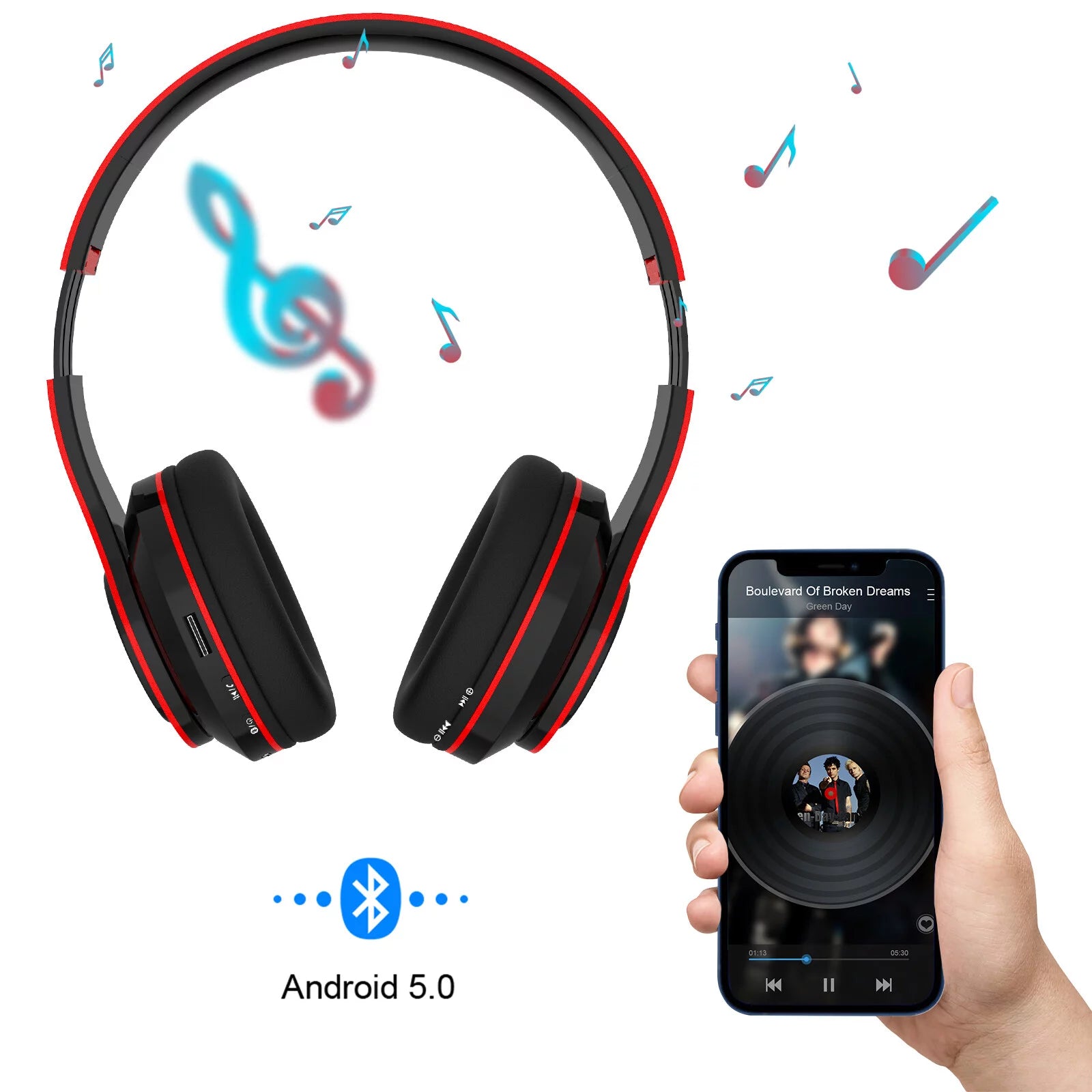 Sleek Red Foldable Over-Ear Bluetooth Headphones with Mic - Wireless Freedom!