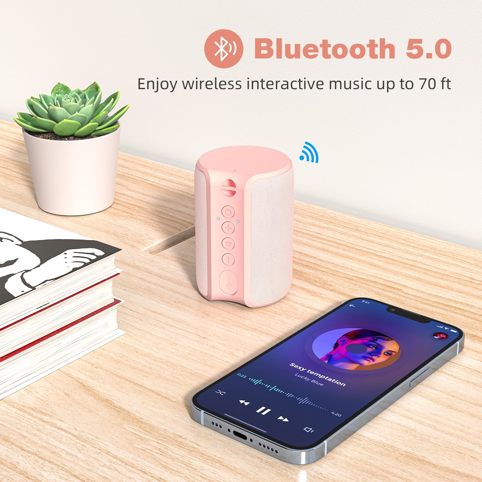 Bluetooth Speaker Portable, IPX7 Waterproof Wireless Outdoor Speaker, TWS Pairing, 12H Playtime, Pink