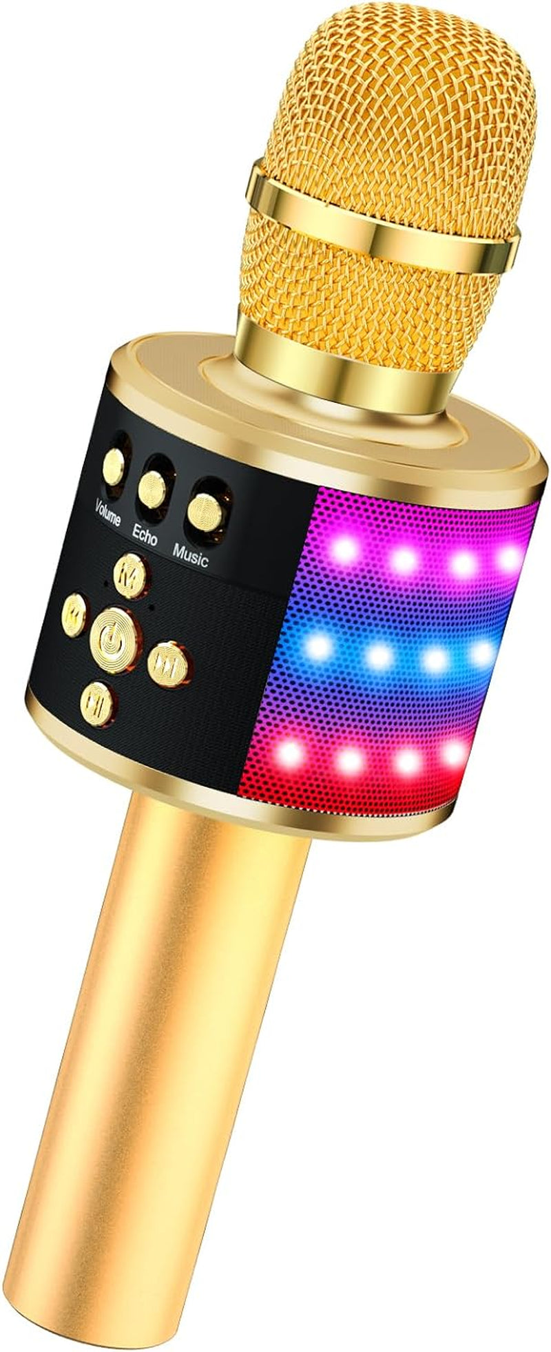 Bluetooth Karaoke Microphone with LED Lights - 4-in-1 Portable Handheld Mic & Speaker for Home Parties - Perfect Birthday Gift for Kids & Adults (Gold)
