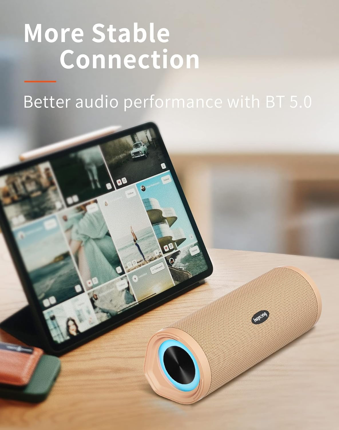 Ultimate Portable Bluetooth Speaker - Waterproof, IPX7 Floating Design, 5000mAh Battery, Powerful Bass & Loud Sound - Perfect for Beach, Pool, Kayak & Gifts for Him - Apricot