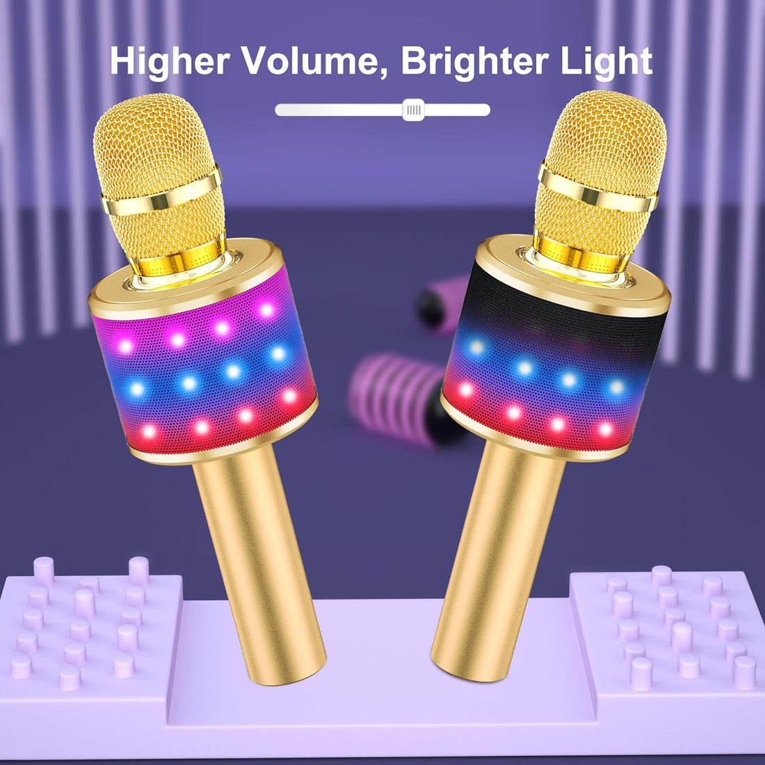 Bluetooth Karaoke Microphone with LED Lights - 4-in-1 Portable Handheld Mic & Speaker for Home Parties - Perfect Birthday Gift for Kids & Adults (Gold)